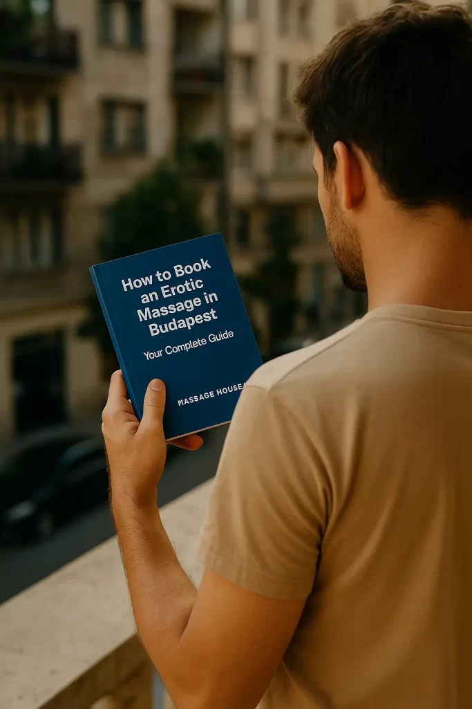 How to Book an Erotic Massage in Budapest – Your Complete Guide 1 How to book an erotic massage: A man standing on a balcony in Budapest holds a blue guidebook titled “How to Book an Erotic Massage in Budapest – Your Complete Guide” by Massage House. The photo is taken from behind, showing the book in his hands against a softly blurred city background in warm, natural light.