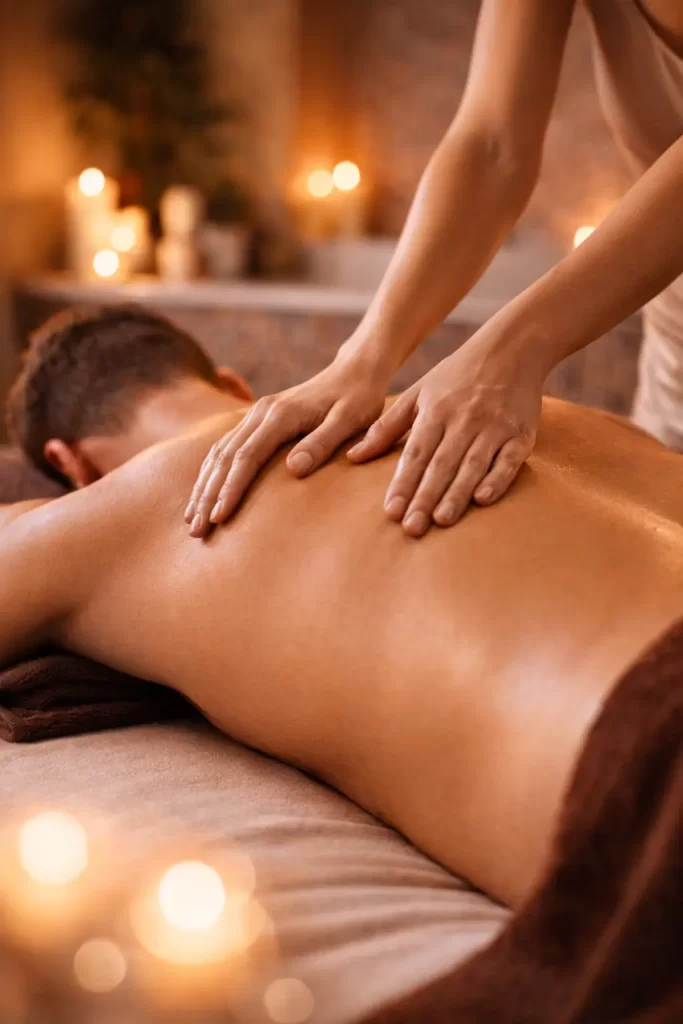 Close-up of a professional masseuse’s hands performing a relaxing back massage on a male guest in a calm, softly lit massage room for the topic: Guest experience - Erotic Massage in Budapest