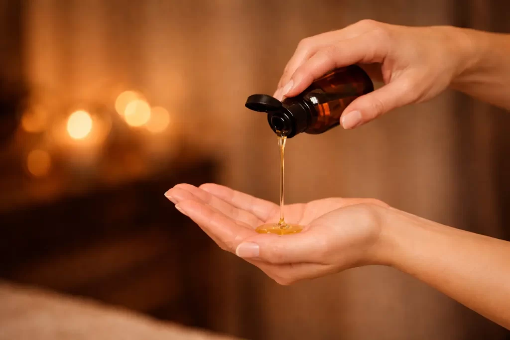 Nuru massage vs. body-to-body massage topic image: A close-up of two hands as warm massage oil is poured into an open palm, with a softly blurred background and warm lighting.