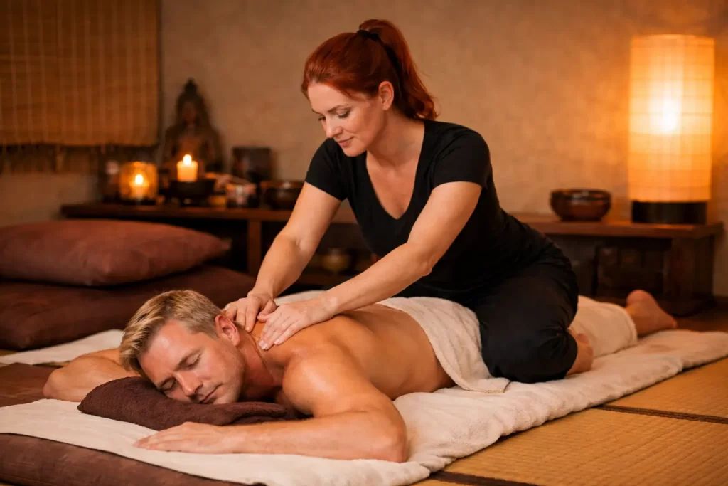 Tantric massage performed by a professional red-haired masseuse on a tatami mat in a warm, calm massage room, emphasizing relaxation, trust, and presence