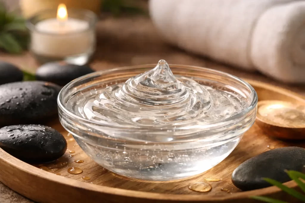 Nuru massage gel close-up – clear, ultra slippery water-based gel prepared for body-to-body treatment