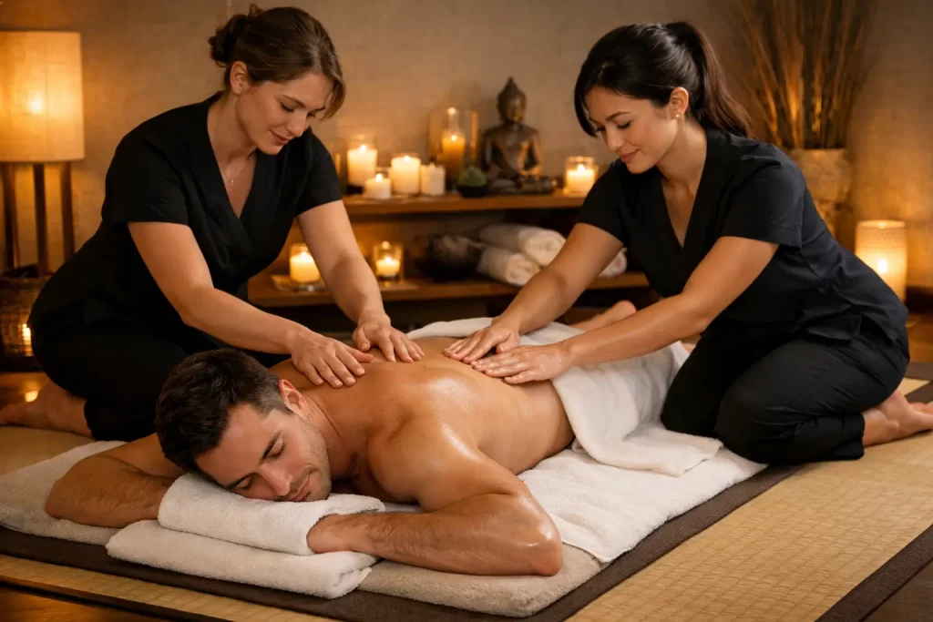 Two professional therapists performing a four-handed massage on a male client on a tatami mat in a softly lit spa room