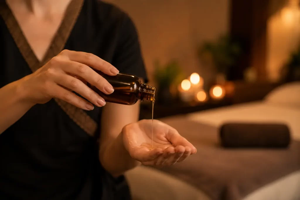 Body-to-body massage therapist pouring warm massage oil into her palm in a relaxing spa atmosphere with soft ambient lighting and blurred massage room background.