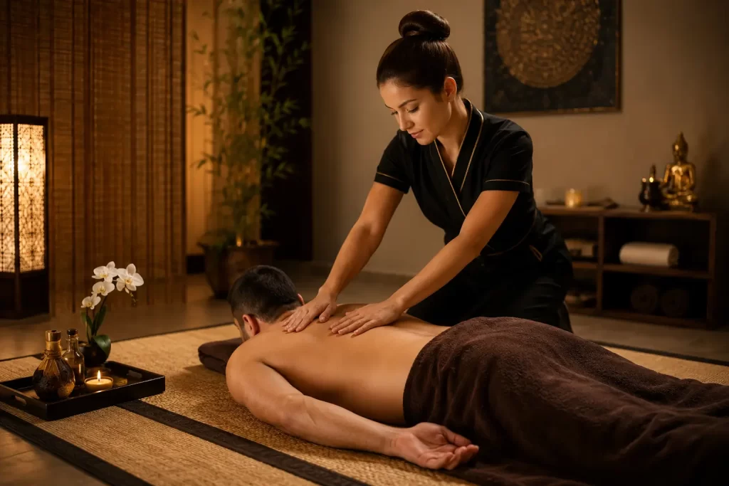 Happy massage in Budapest with professional masseuse giving relaxing back massage to man on tatami mat