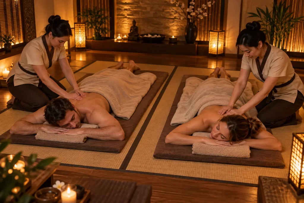 Erotic couples massage with two masseuses in a warmly lit spa room, with a man and woman resting on side-by-side tatamis, covered with towels.