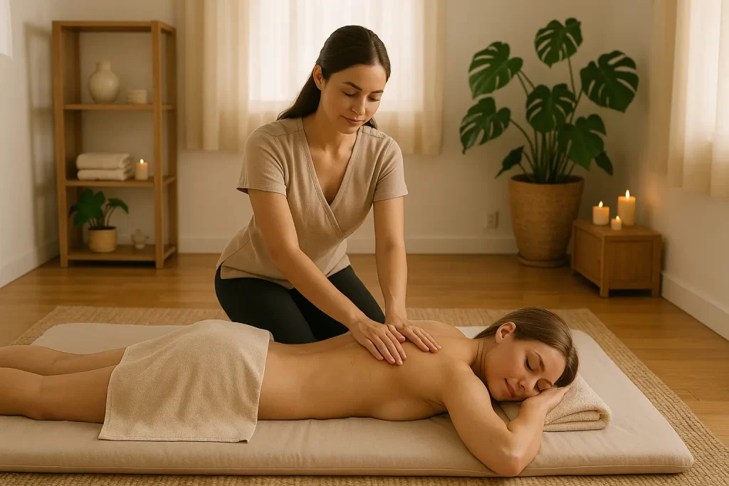 Jóni masszázs 1 Jóni masszázs - Egy profi női masszőz pihentető hátmasszázst végez egy tatami szőnyegen fekvő nőn egy világos, elegáns wellness-helyiségben, gyertyákkal, növényekkel és lágy természetes fénnyel.