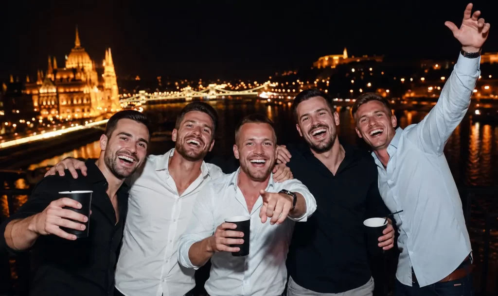 Legénybúcsú társaság luxus budapesti éjszakai program közben, háttérben városi fényekkel és dunai panorámával.