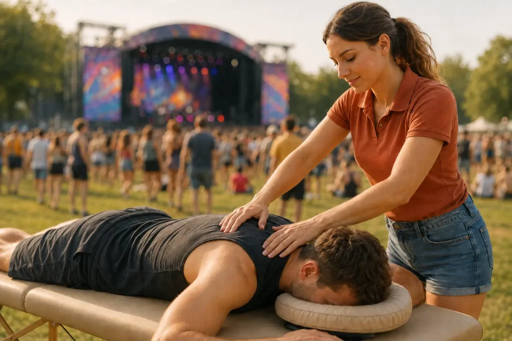 Professzionális masszázs a Sziget Fesztivál alatt, szabadtéri környezetben, egy látványos koncertszínpad közelében.