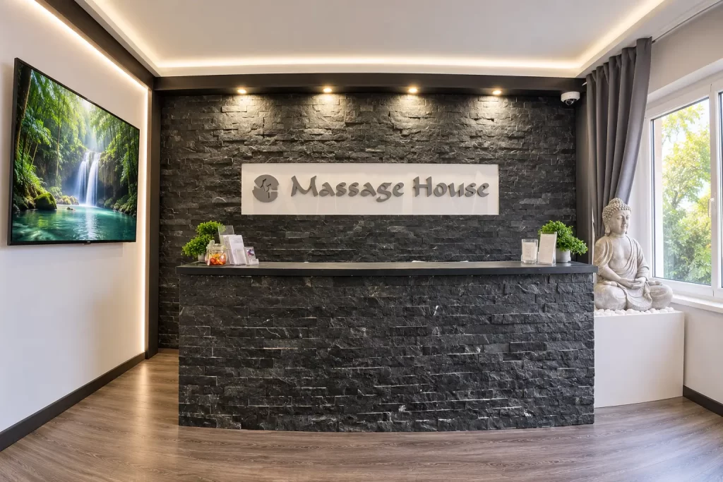 A Massage House recepciója kőburkolatú pulttal, meleg fényekkel és Buddha-szoborral várja az első erotikus masszázs vendégeit Budapesten.